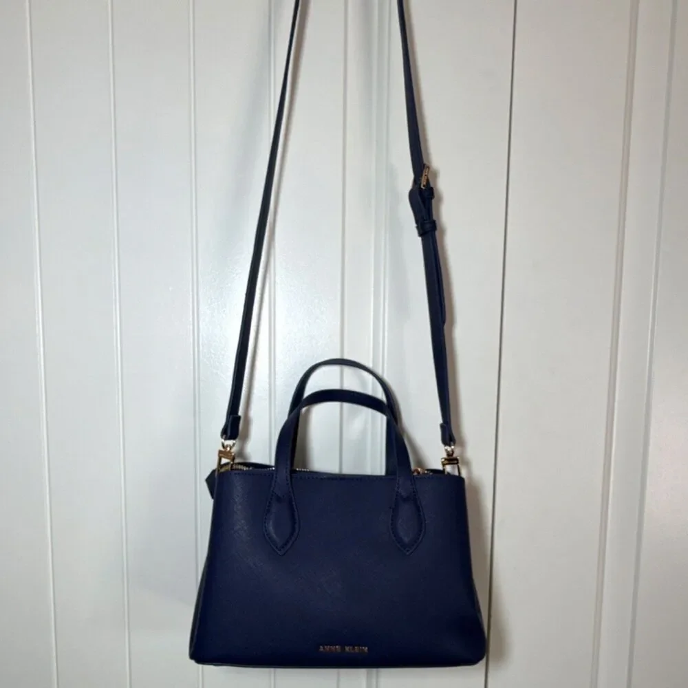 Anne Klein Navy Blue Satchel Gold Hardware Detachable Adjustable Strap Pockets - Picture 12 of 13